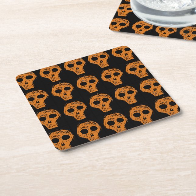 Halloween Orange Skull Pattern  Square Paper Coaster (Angled)
