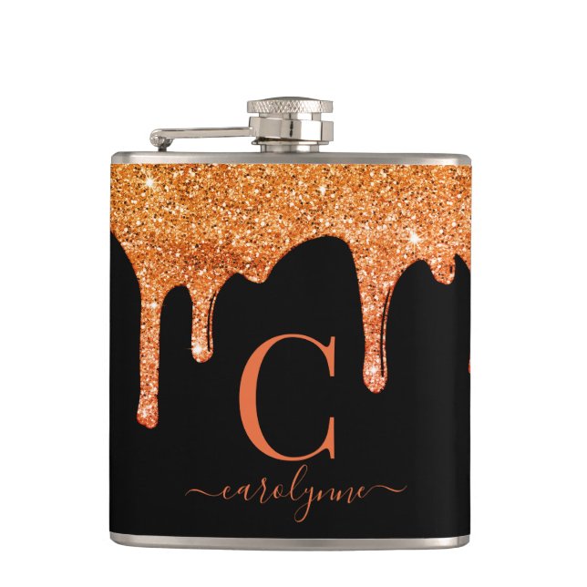 Halloween Orange Sparkle Glitter Drips Monogram Flask (Front)