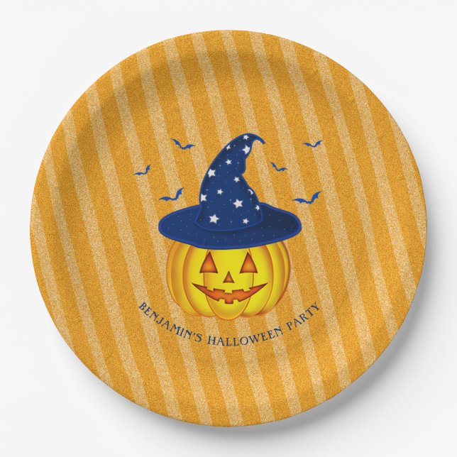 Halloween Orange Sparkly Stripes Pumpkin Paper Plates (Front)