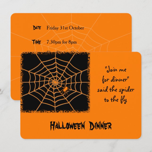 Halloween orange spider dinner party invite (Front/Back)