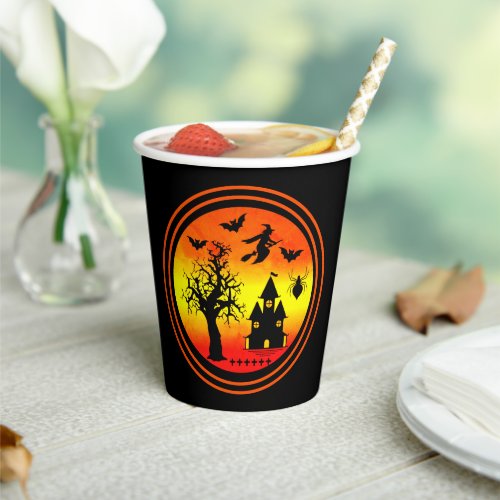 Halloween Orange Sunset Witch Haunted House Paper Cups