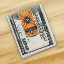 Halloween Orange Tartan Gold Finish Money Clip