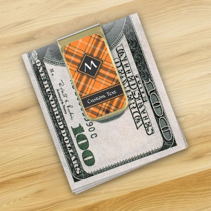 Halloween Orange Tartan Gold Finish Money Clip