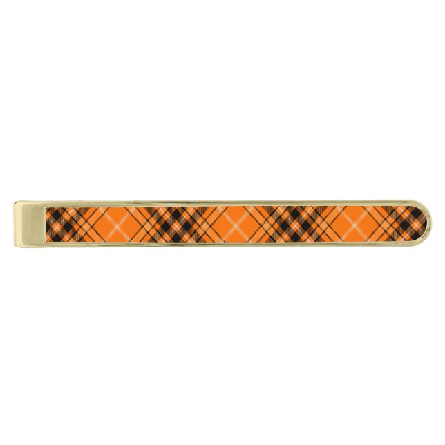 Halloween Orange Tartan Gold Finish Tie Bar (Front)