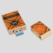 Halloween Orange Tartan Wood Flash Drive