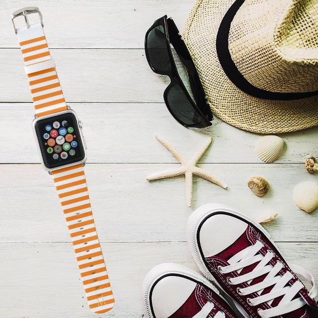 Halloween Orange White Stripes Pattern Monogrammed Apple Watch Band (Halloween Orange White Stripes Pattern Monogrammed Apple Watch Band)