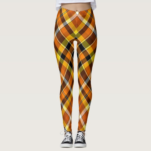 Halloween Orange, Yellow & Black Plaid Leggings (Front)