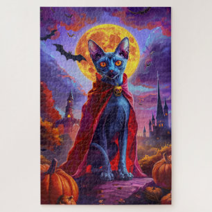 Halloween Oriental Blue Cat Vampire Pumpkins Scary Jigsaw Puzzle
