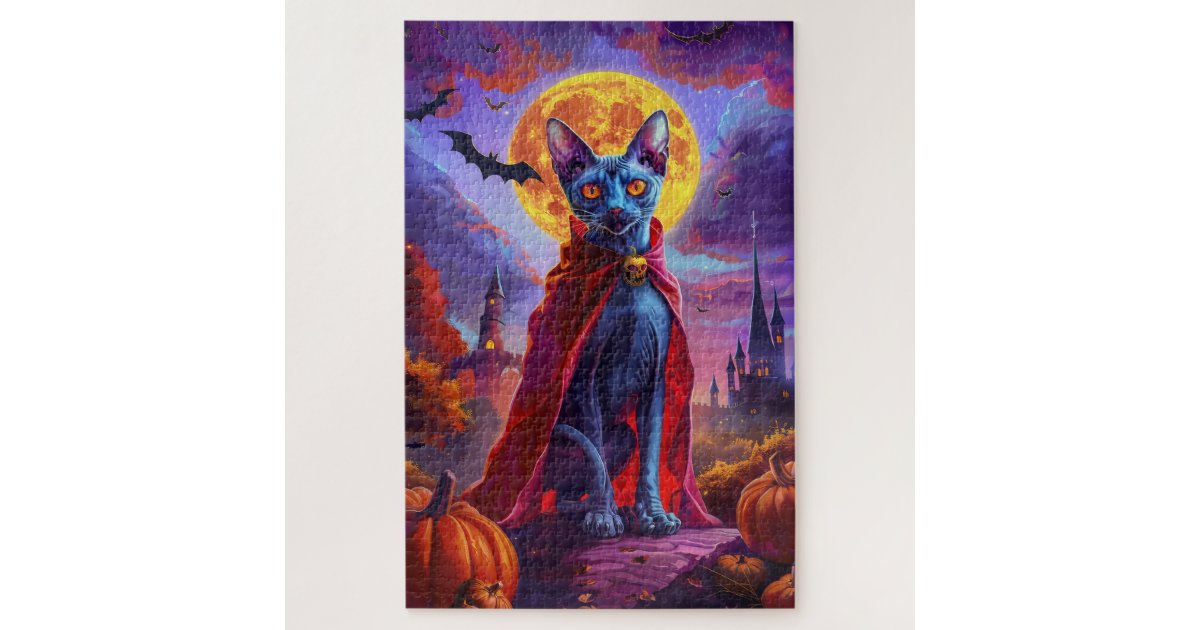 Halloween Oriental Blue Cat Vampire Pumpkins Scary Jigsaw Puzzle | Zazzle