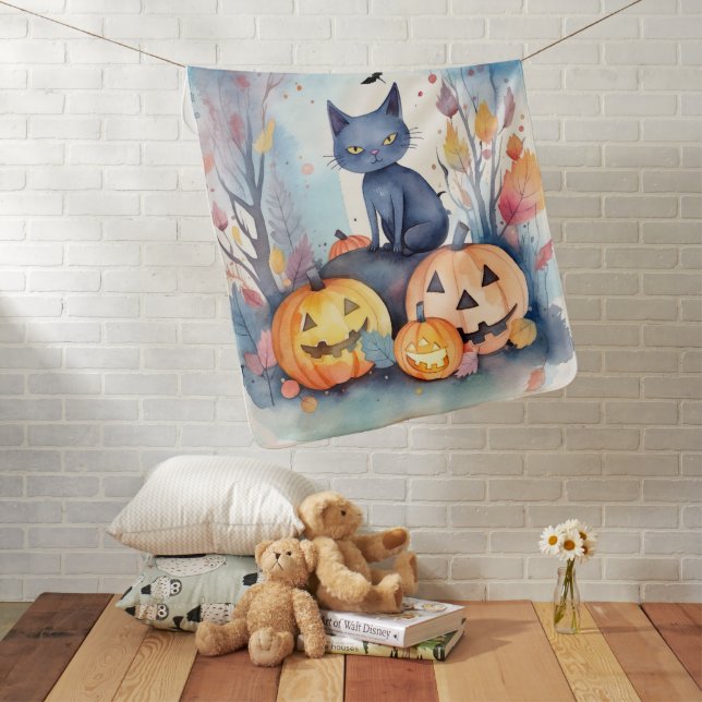 Halloween Oriental Blue Cat With Pumpkins Scary Baby Blanket (In Situ)