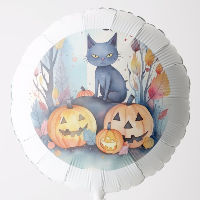 Halloween Oriental Blue Cat With Pumpkins Scary Balloon (Front)