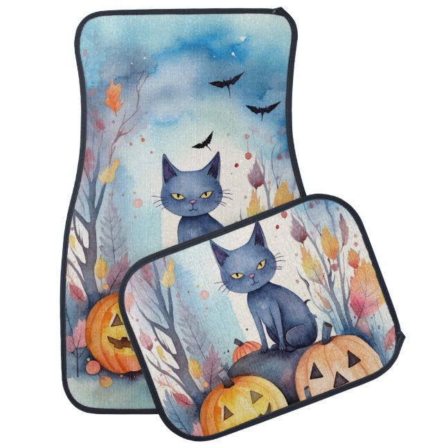 Halloween Oriental Blue Cat With Pumpkins Scary Car Floor Mat (Set)