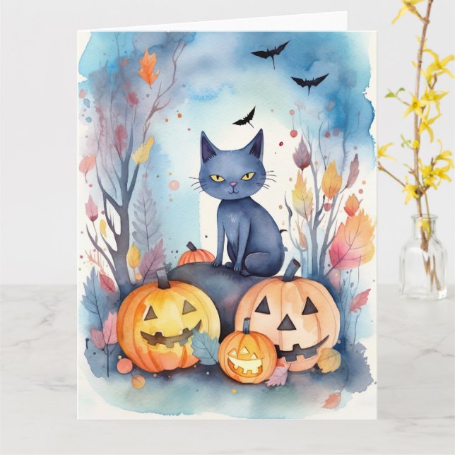 Halloween Oriental Blue Cat With Pumpkins Scary Card (Yellow Flower)