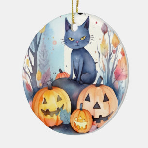 Halloween Oriental Blue Cat With Pumpkins Scary Ceramic Ornament