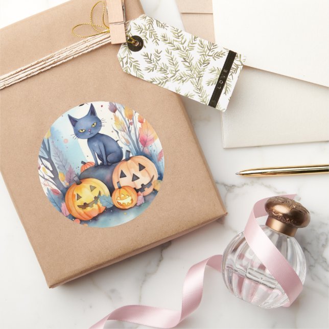 Halloween Oriental Blue Cat With Pumpkins Scary Classic Round Sticker (Gifting)