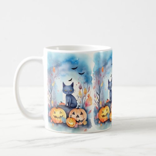 Halloween Oriental Blue Cat With Pumpkins Scary Coffee Mug