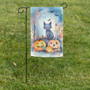 Halloween Oriental Blue Cat With Pumpkins Scary Garden Flag