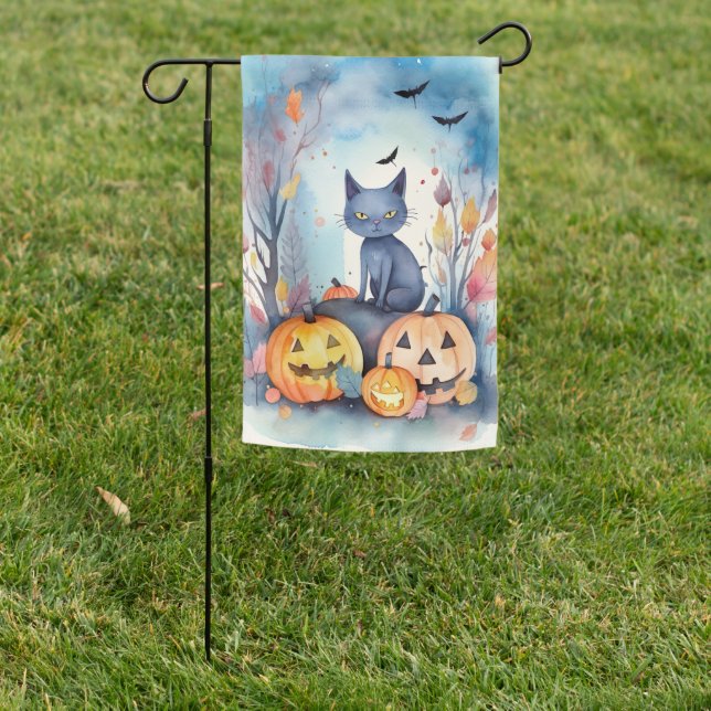 Halloween Oriental Blue Cat With Pumpkins Scary Garden Flag (In SItu)