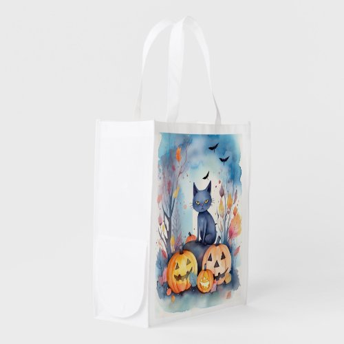 Halloween Oriental Blue Cat With Pumpkins Scary Grocery Bag