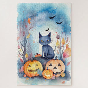 Halloween Oriental Blue Cat With Pumpkins Scary Jigsaw Puzzle