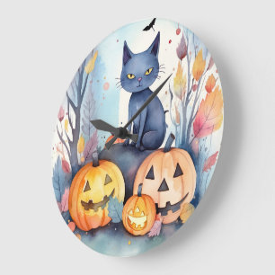 Halloween Oriental Blue Cat With Pumpkins Scary Large Clock