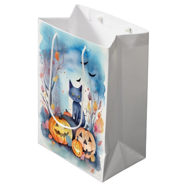 Halloween Oriental Blue Cat With Pumpkins Scary Medium Gift Bag (Front Angled)