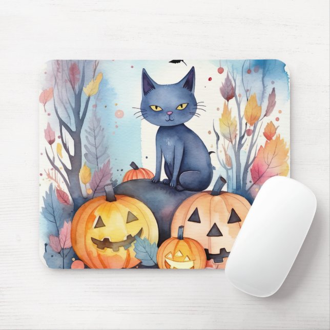 Halloween Oriental Blue Cat With Pumpkins Scary Mouse Pad (With Mouse)