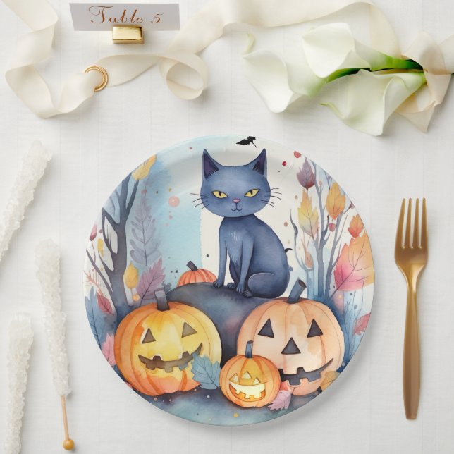 Halloween Oriental Blue Cat With Pumpkins Scary Paper Plates (Wedding)