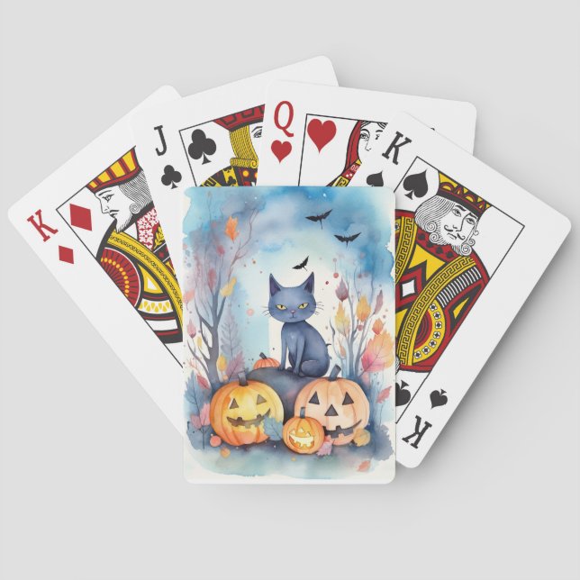 Halloween Oriental Blue Cat With Pumpkins Scary Poker Cards (Back)