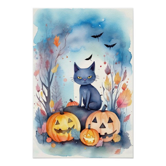 Halloween Oriental Blue Cat With Pumpkins Scary Poster (Front)