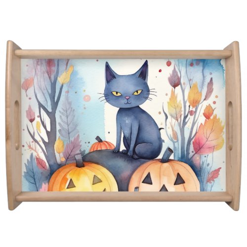 Halloween Oriental Blue Cat With Pumpkins Scary Serving Tray
