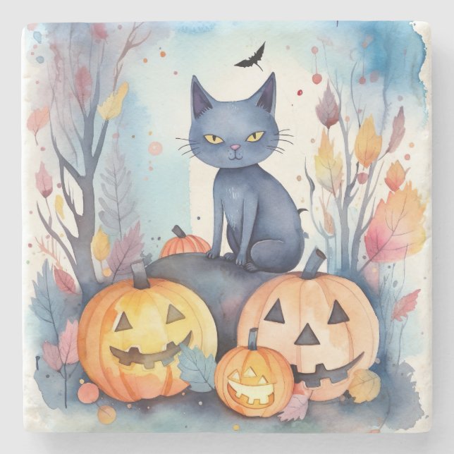 Halloween Oriental Blue Cat With Pumpkins Scary Stone Coaster (Front)