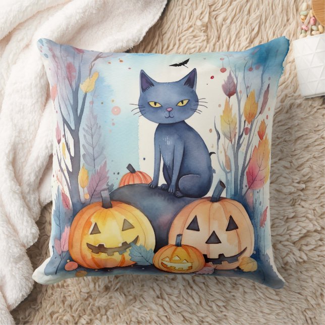 Halloween Oriental Blue Cat With Pumpkins Scary Throw Pillow (Blanket)