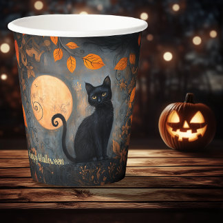 Halloween Ornate Black Cat Full Moon Adult Party Paper Cups