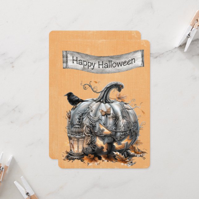 Halloween Ornate Steampunk Gray Pumpkin (Front/Back In Situ)