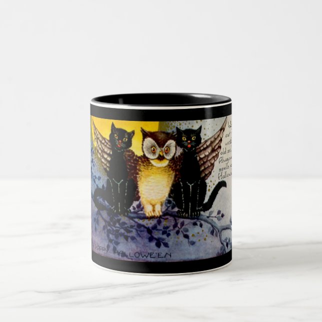 Halloween Owl and Black Cats Two-Tone Coffee Mug (Center)