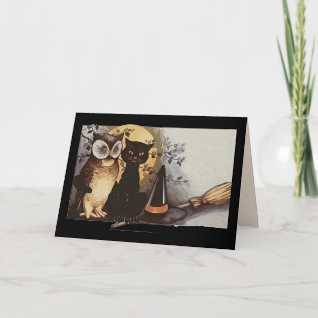 halloween owl and cat greeting card (Front)