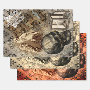Halloween Owl and Skull Vintage Pattern Wrapping Paper Sheets