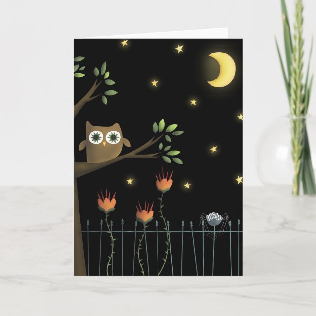 Halloween Owl and Spider at night Card (Front)