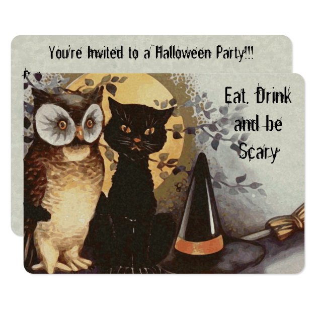 Halloween Owl, Black Cat And Witch's Hat-For Kids Invitation