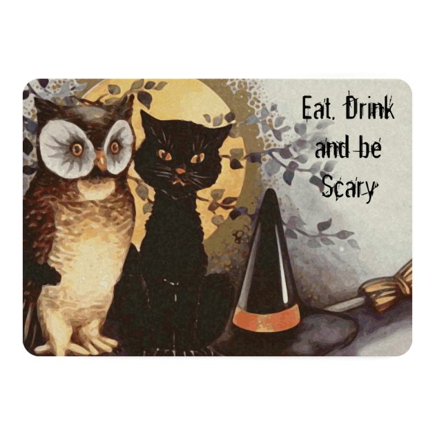 Halloween Owl, Black Cat And Witch's Hat-For Kids Invitation