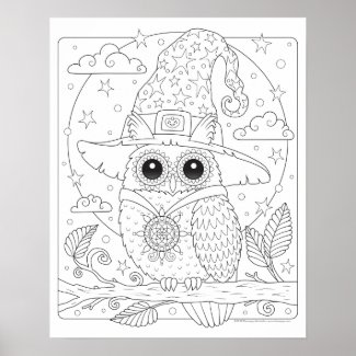 Halloween Owl Coloring Poster - Cute Colorable Art