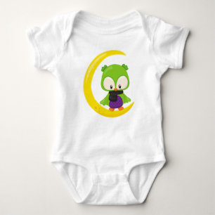 Halloween Owl, Cute Owl, Green Owl, Moon, Scarf Baby Bodysuit