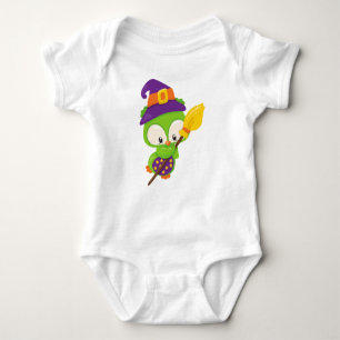 Halloween Owl, Cute Owl, Green Owl, Witch Broom Baby Bodysuit