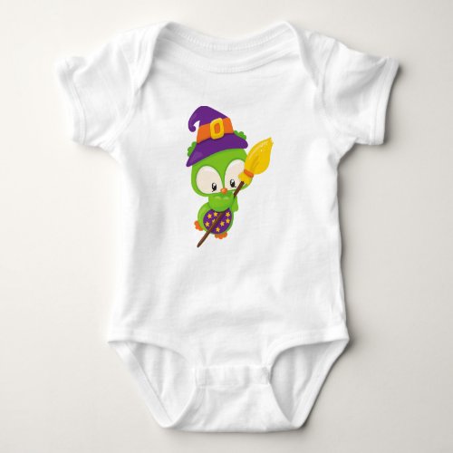 Halloween Owl Cute Owl Green Owl Witch Broom Baby Bodysuit