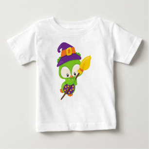 Halloween Owl, Cute Owl, Green Owl, Witch Broom Baby T-Shirt