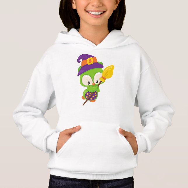 Halloween Owl, Cute Owl, Green Owl, Witch Broom Hoodie (Front)