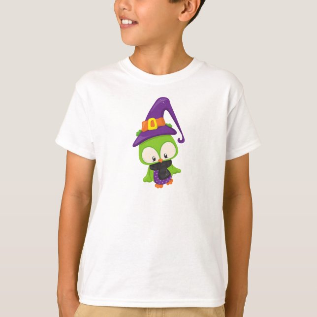 Halloween Owl, Cute Owl, Green Owl, Witch Hat T-Shirt (Front)