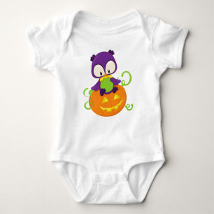 Halloween Owl, Cute Owl, Purple Owl, Pumpkin Baby Bodysuit