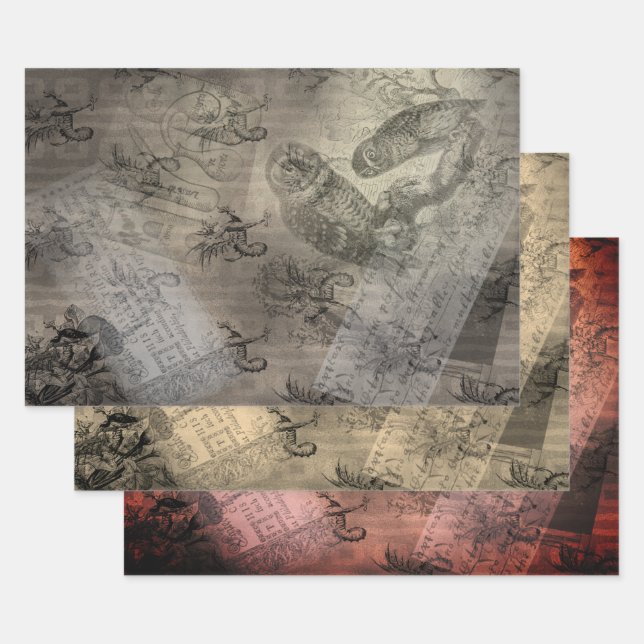 Halloween Owl Family Vintage Ephemera  Wrapping Paper Sheets (Set)